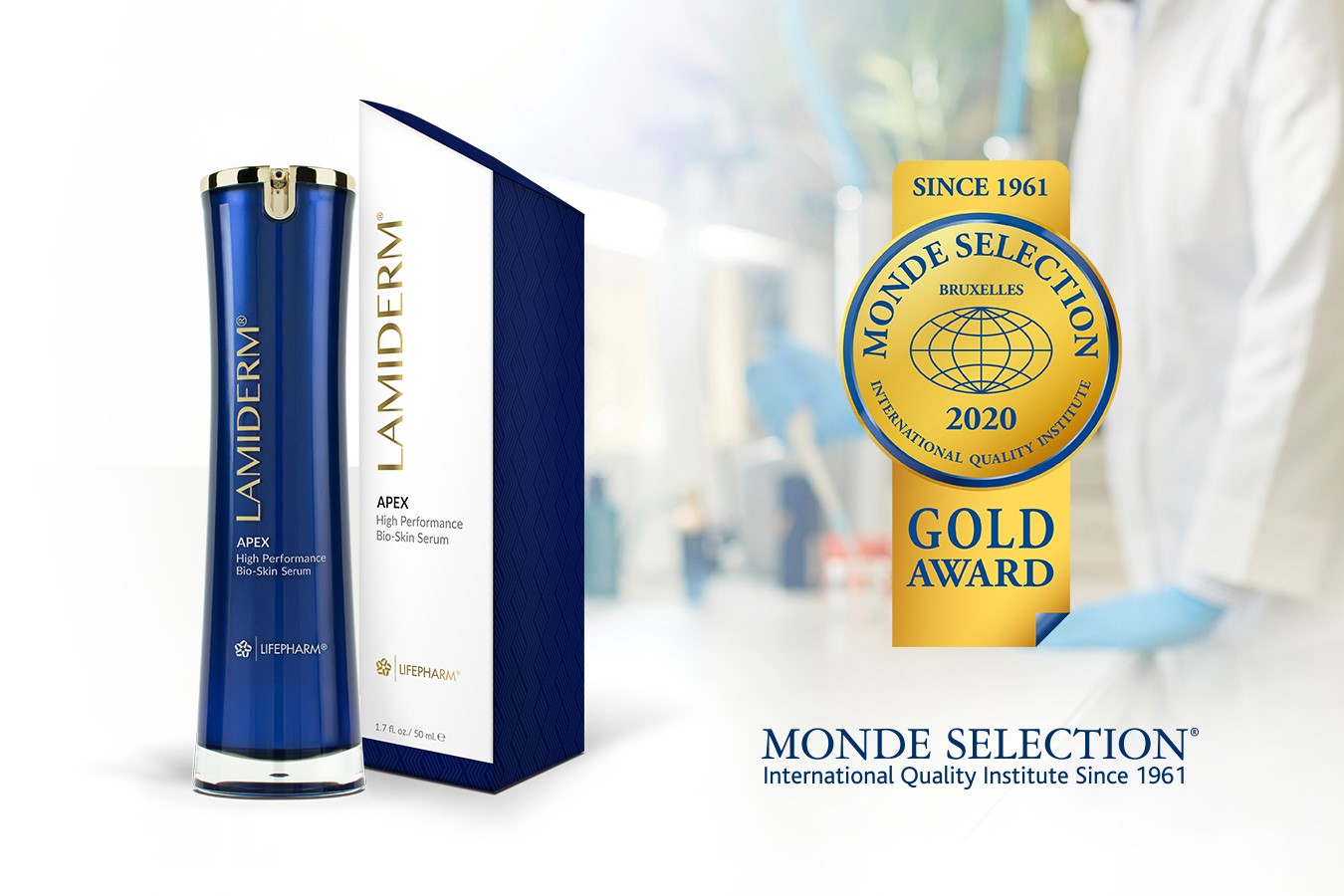 lamiderm bottle and gold award badge