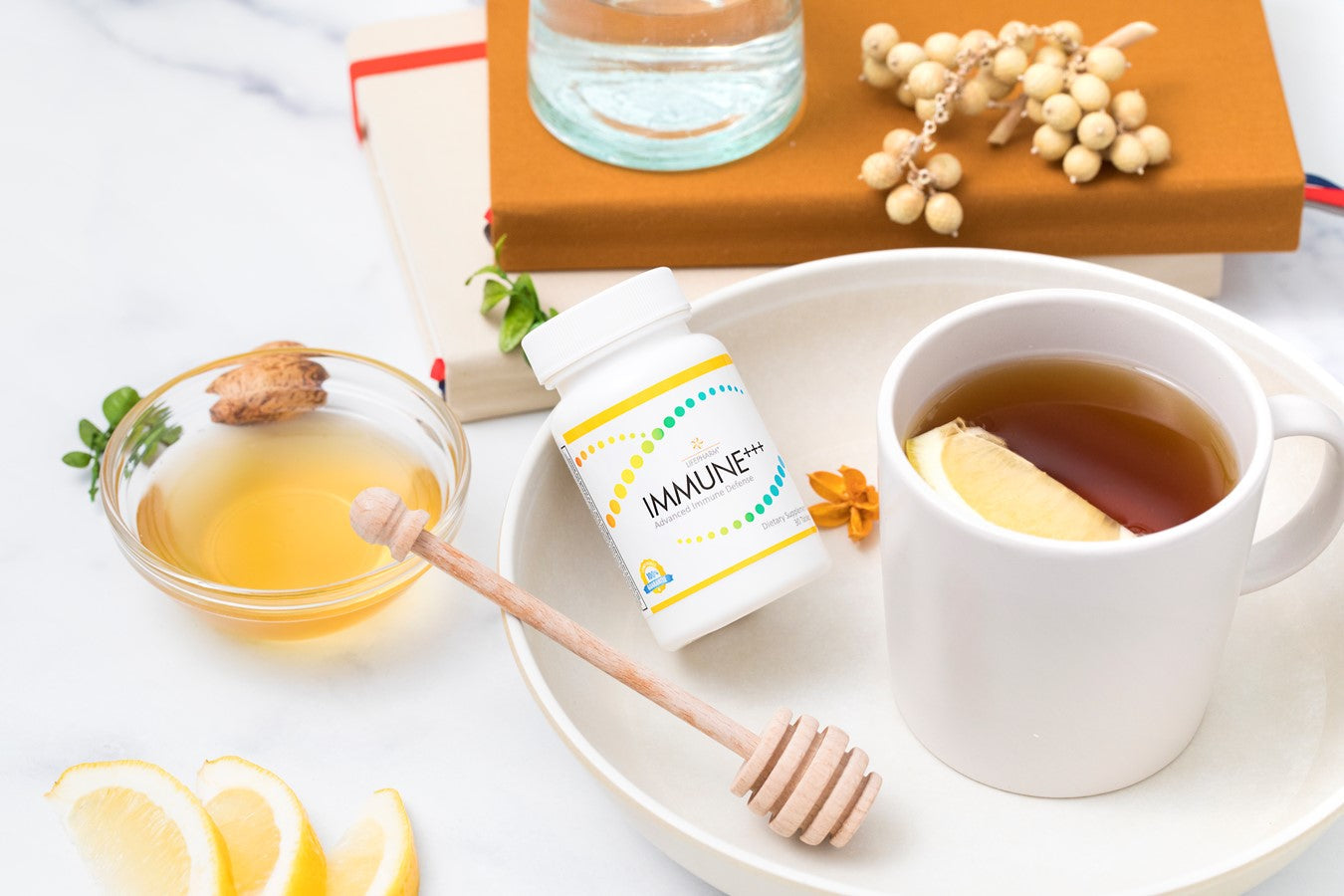 pill bottle, tea and honey