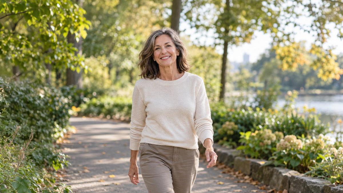 Woman in her 50s smiling while walking outdoors on an early fall morning.