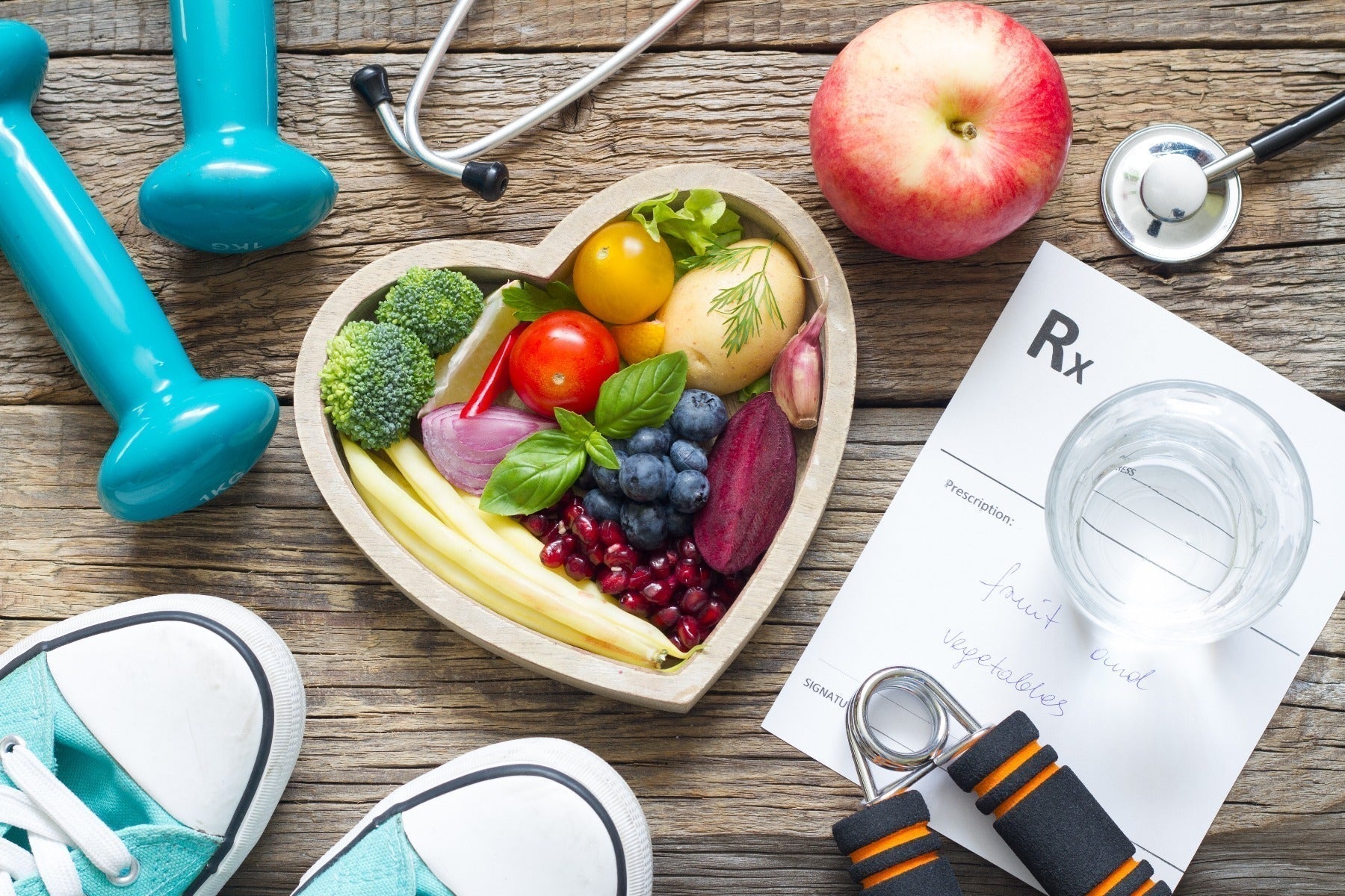 variety of items like fruit, vegtables, water, dumbells, etc.
