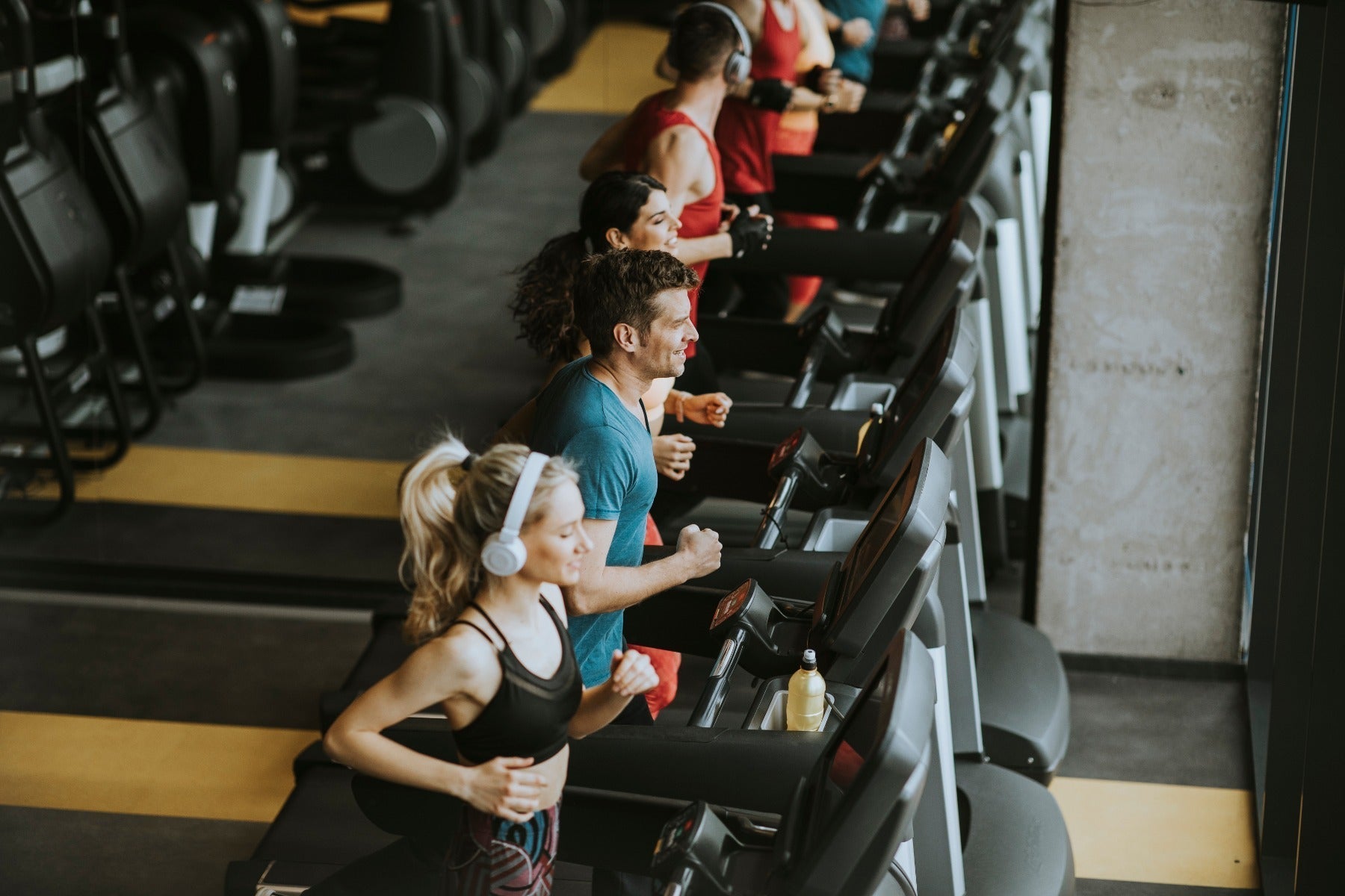 Group of people exercising on treadmills