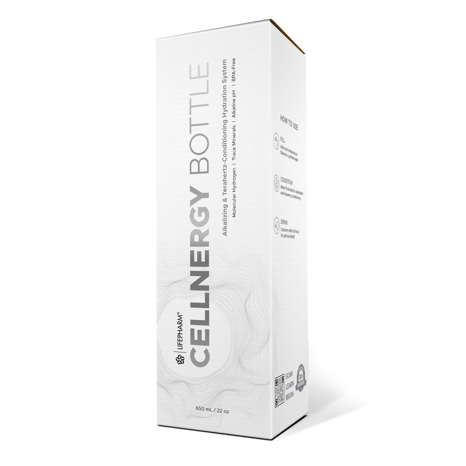 CELLNERGY Bottle — 650mL hydrogen alkaline water bottle with mineral diffuser for cellular hydration and regeneration