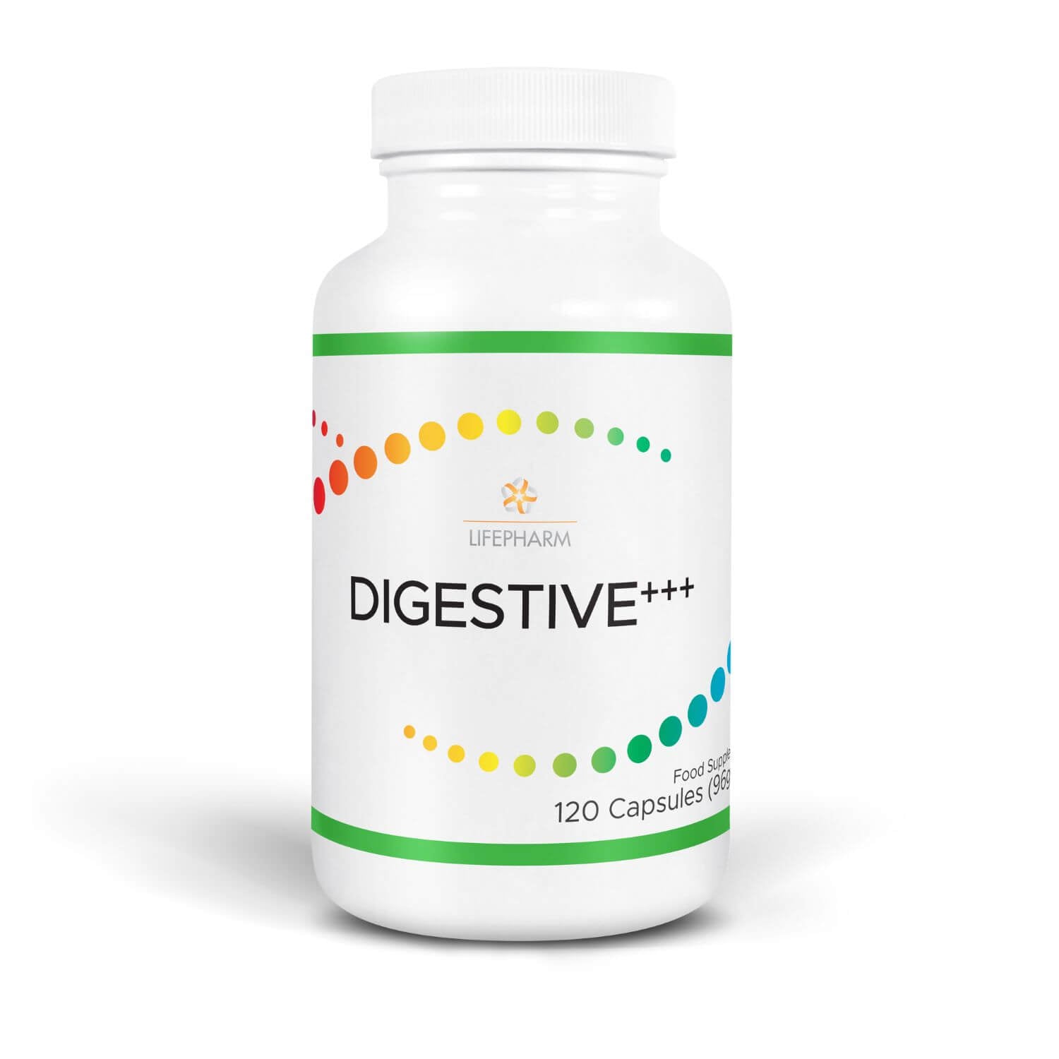 DIGESTIVE+++ probiotic prebiotic and enzyme blend supplement bottle for gut health