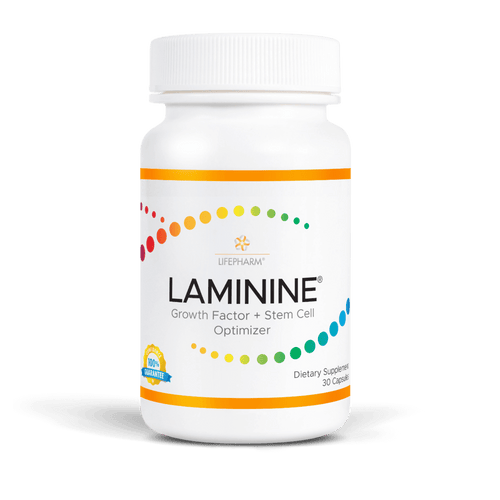 LAMININE supplement bottle with FGF-2 fertilized egg extract, marine & plant protein for stem cell activation and healthy aging