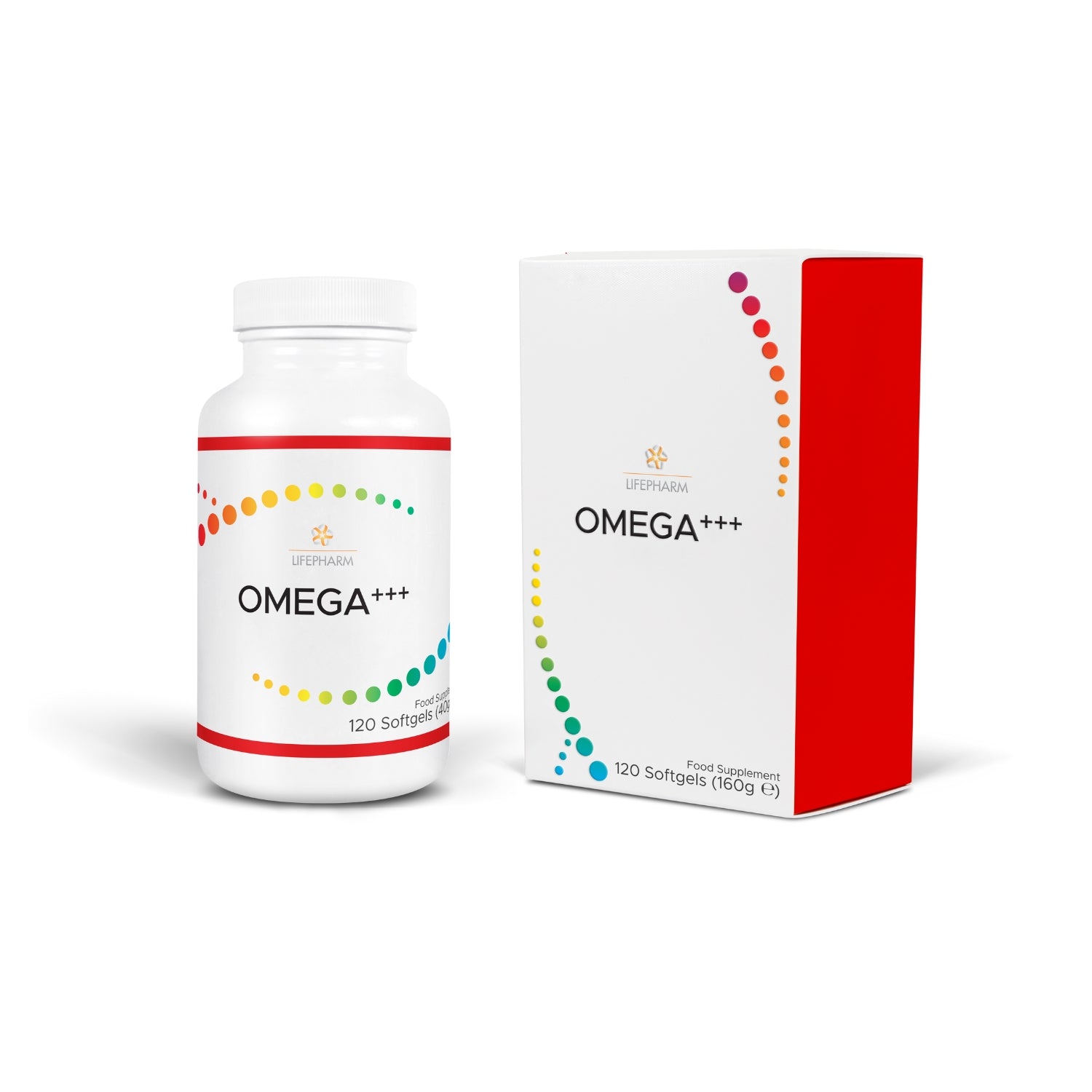 OMEGA+++ softgel supplement bottle with fish oil, omega 3 6 9, CoQ10 & Vitamin K2 for heart health