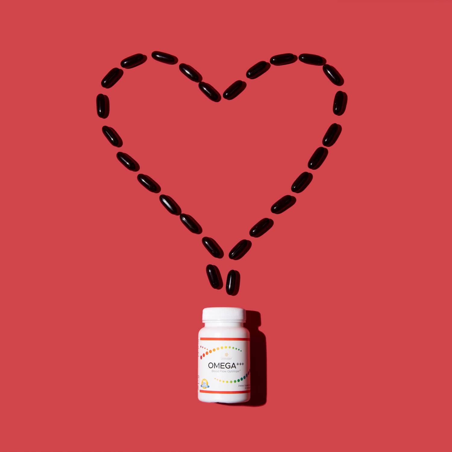 OMEGA+++ softgel supplement bottle with fish oil, omega 3 6 9, CoQ10 & Vitamin K2 for heart health