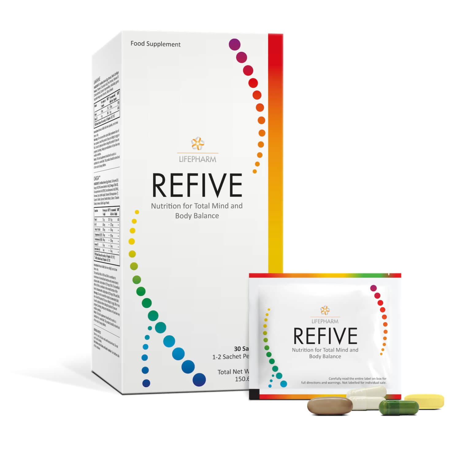 REFIVE daily supplement sachet and box combining omega fatty acids, probiotics, vitamin C & stem cell nutrition for total body health