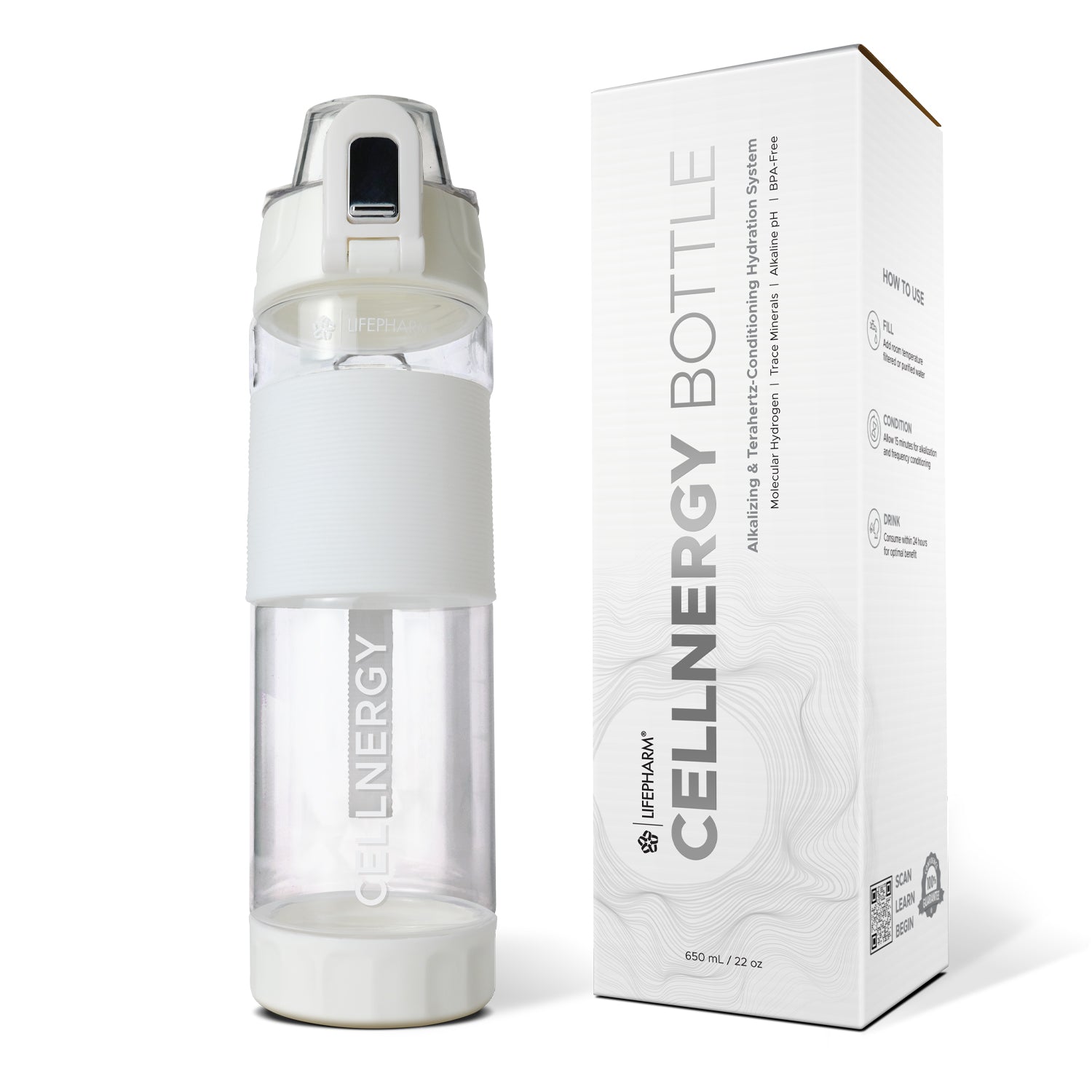 CELLNERGY Bottle — 650mL hydrogen alkaline water bottle with mineral diffuser for cellular hydration and regeneration