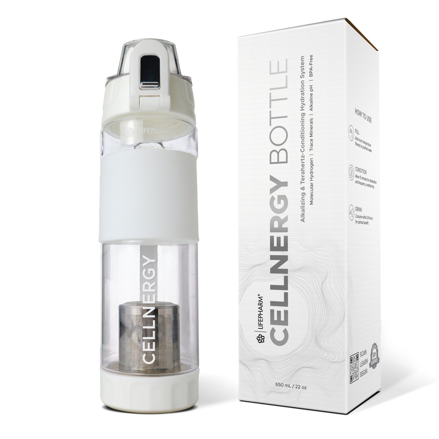 CELLNERGY Bottle — 650mL hydrogen alkaline water bottle with mineral diffuser for cellular hydration and regeneration