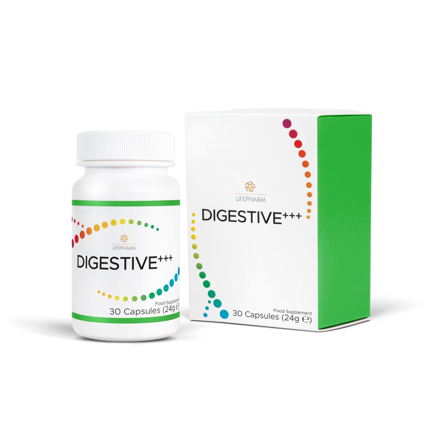 A bottle of DIGESTIVE+++ supplement with 30 capsules, accompanied by its packaging box. The product is marketed for digestive health and gut health.