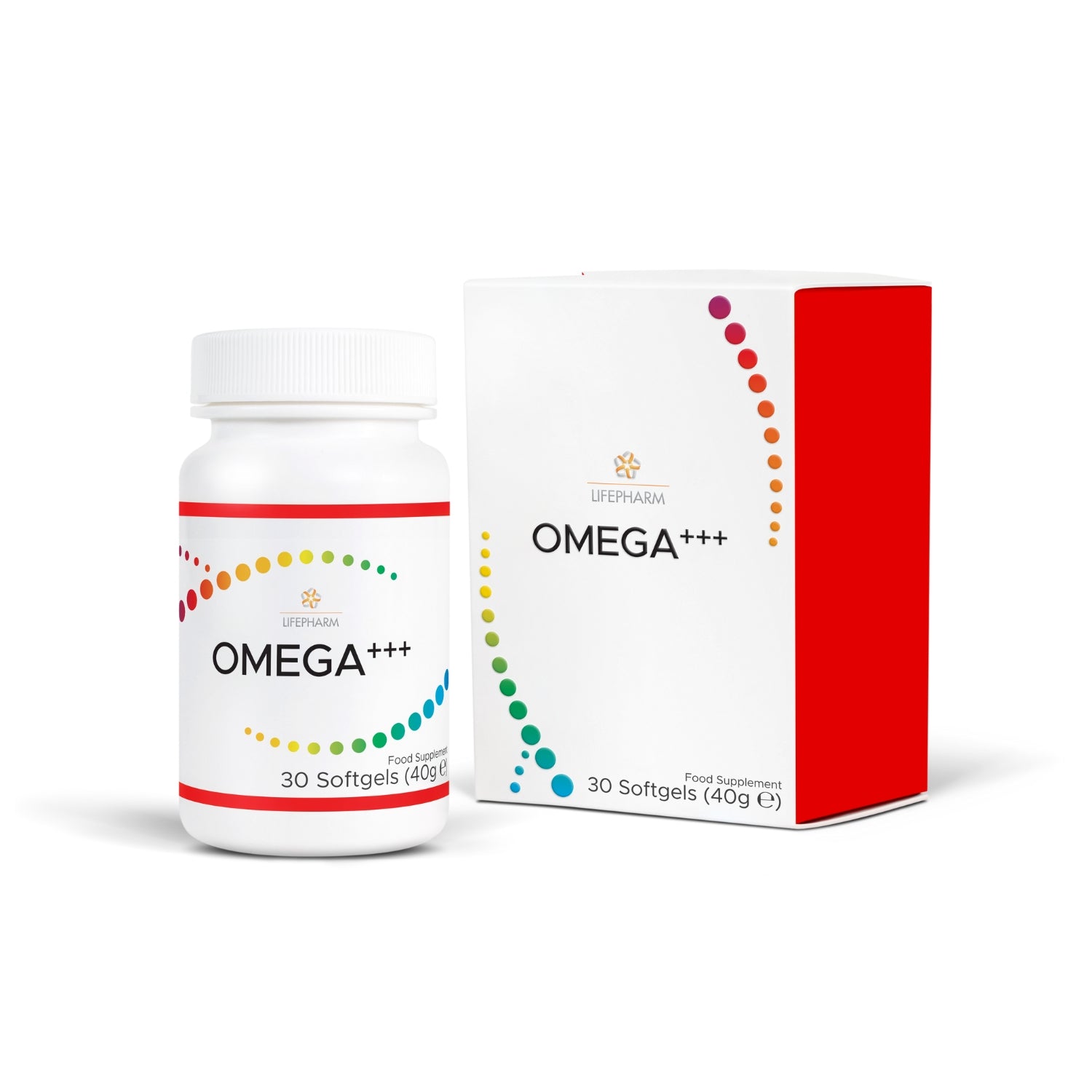 A product image showing a bottle of OMEGA+++ supplements next to its packaging box. The bottle is white with a label that includes the product name and a colorful graphic design.