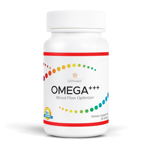 OMEGA+++ softgel supplement bottle with fish oil, omega 3 6 9, CoQ10 & Vitamin K2 for heart health